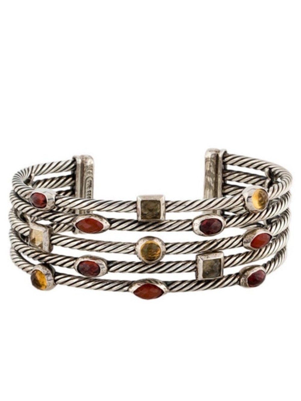 David Yurman Multi-Row Silver Tone Gemstone Cable Cuff Bracelet - Amber & Garnet